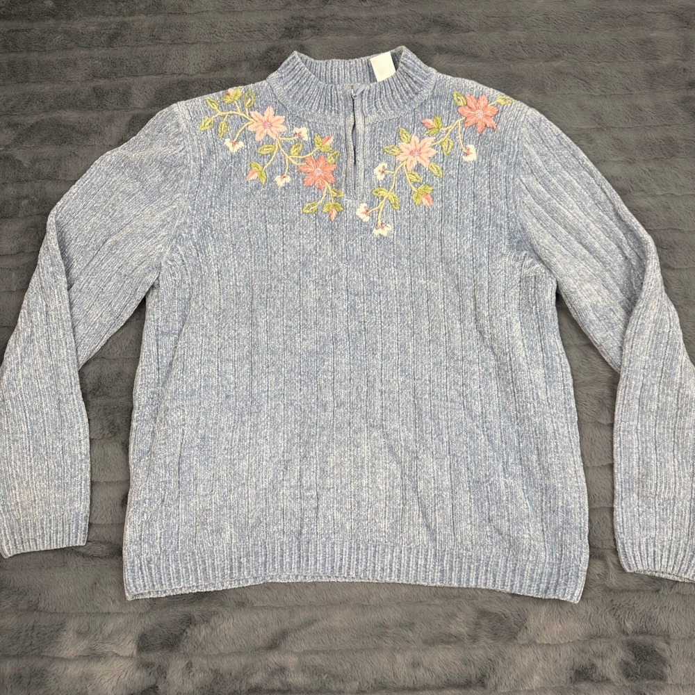 Alfred Dunner Blue Chenille Floral Embroidered Quarter Zip Sweater Womens Medium